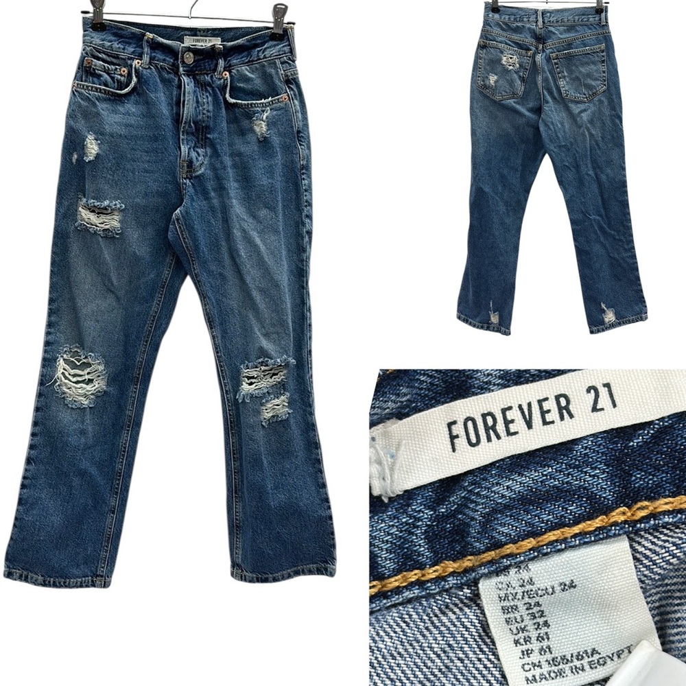 Forever 21 High Rise Button Fly Straight Leg Destroyed Denim Blue Jeans 24 Waist